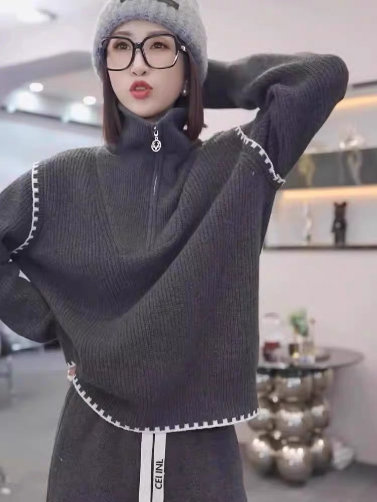 半拉鏈設計感針織毛衣打底衫女裝長袖秋冬季新款洋氣時尚小眾上衣