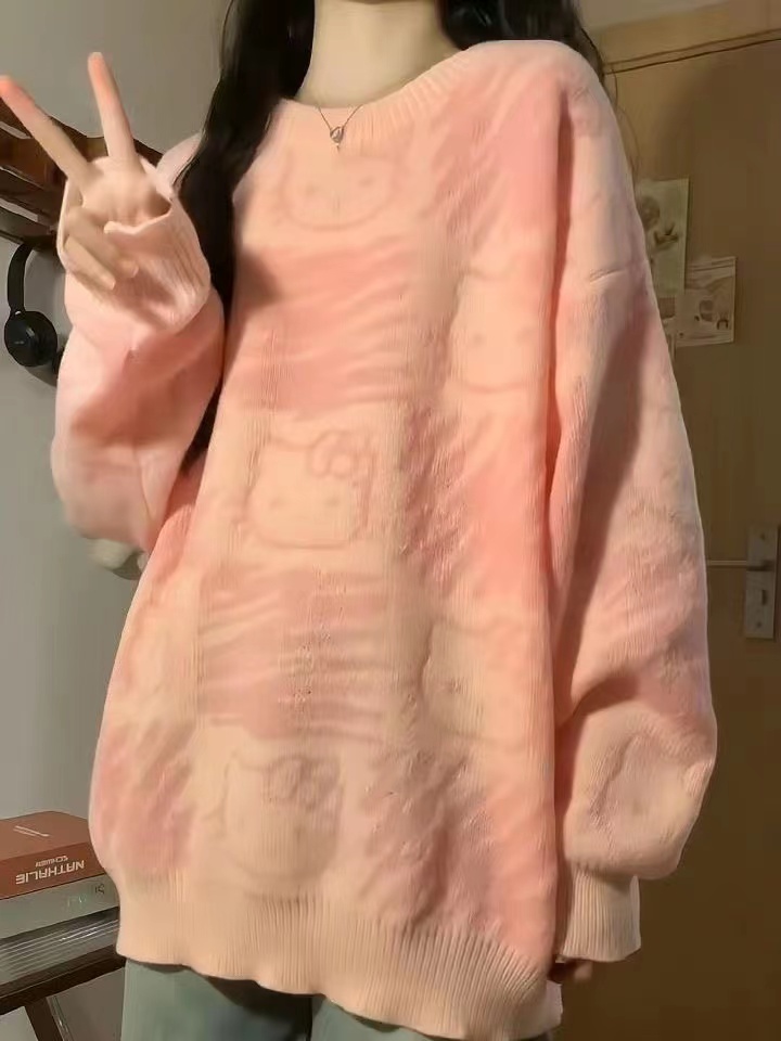 日系Kitty凱蒂貓卡通圓領毛衣女秋冬季可愛軟糯甜美慵懶針織上衣