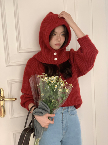Actual shot ~ age-reducing, gentle, solid color pullover sweater for women, autumn and winter personality, versatile top with hat cover