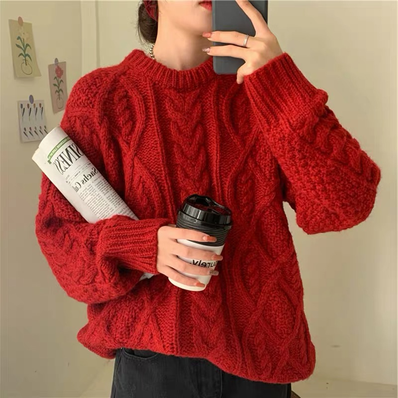 Christmas red sweater for women autumn and winter 2023 new lazy style thickened inner sweater outer top