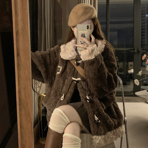 Horn button lamb wool coat for women  winter new young style loose thickened warm plush eco-friendly fur