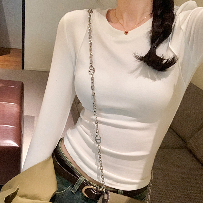 實拍圖長袖T恤女內搭2023秋冬新款拼接修身百搭圓領打底衫上衣