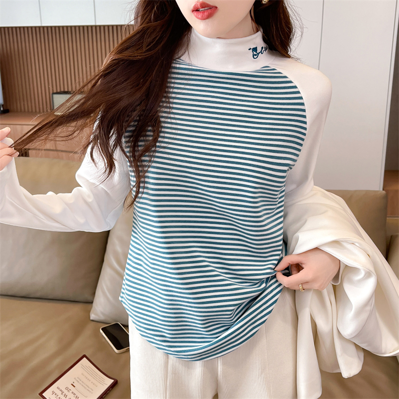 Actual shot of new spring and autumn loose 280g German velvet half turtleneck embroidered warm splicing long-sleeved bottoming shirt T-shirt for women