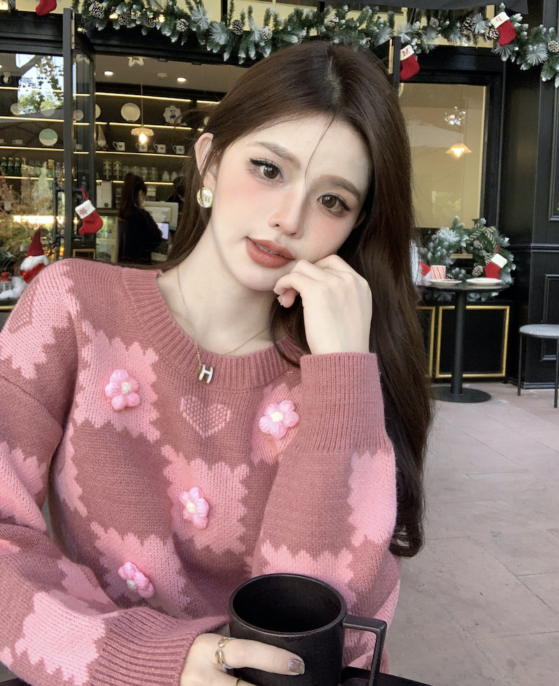 實拍 粉色格子北極絨毛衣女冬季新款女裝韓版寬鬆針織衫上衣潮