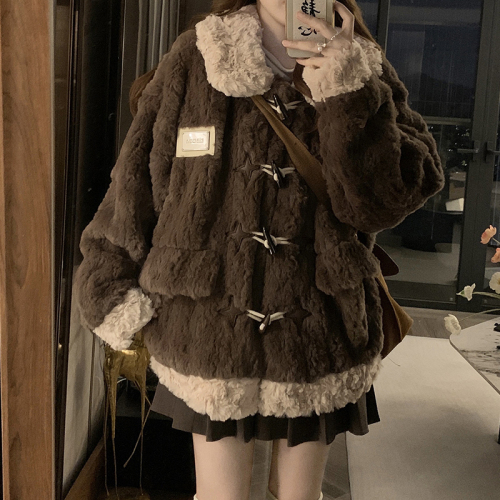 Horn button lamb wool coat for women  winter new young style loose thickened warm plush eco-friendly fur