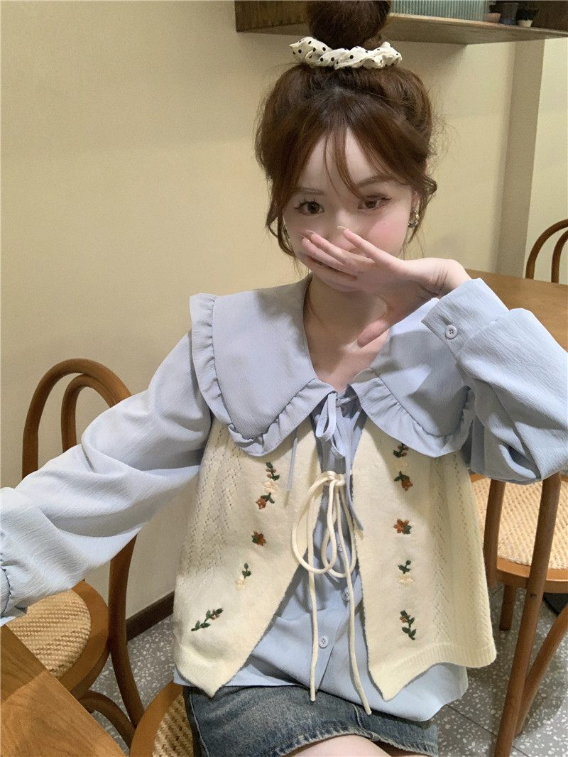 實拍~法式甜美娃娃領長袖襯衫+減齡刺繡針織馬甲兩件套女