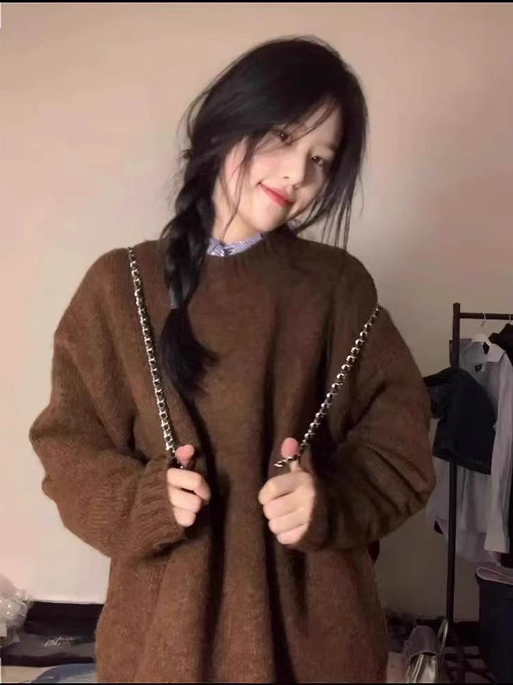 Brown sweater for women 2023 new style lazy style soft and waxy loose autumn and winter pullover retro Japanese knitted top thick