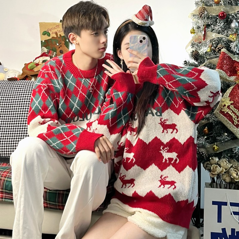 品質情侶裝冬季過新年紅色毛衣ins超火加厚寬鬆風聖誕針織衫