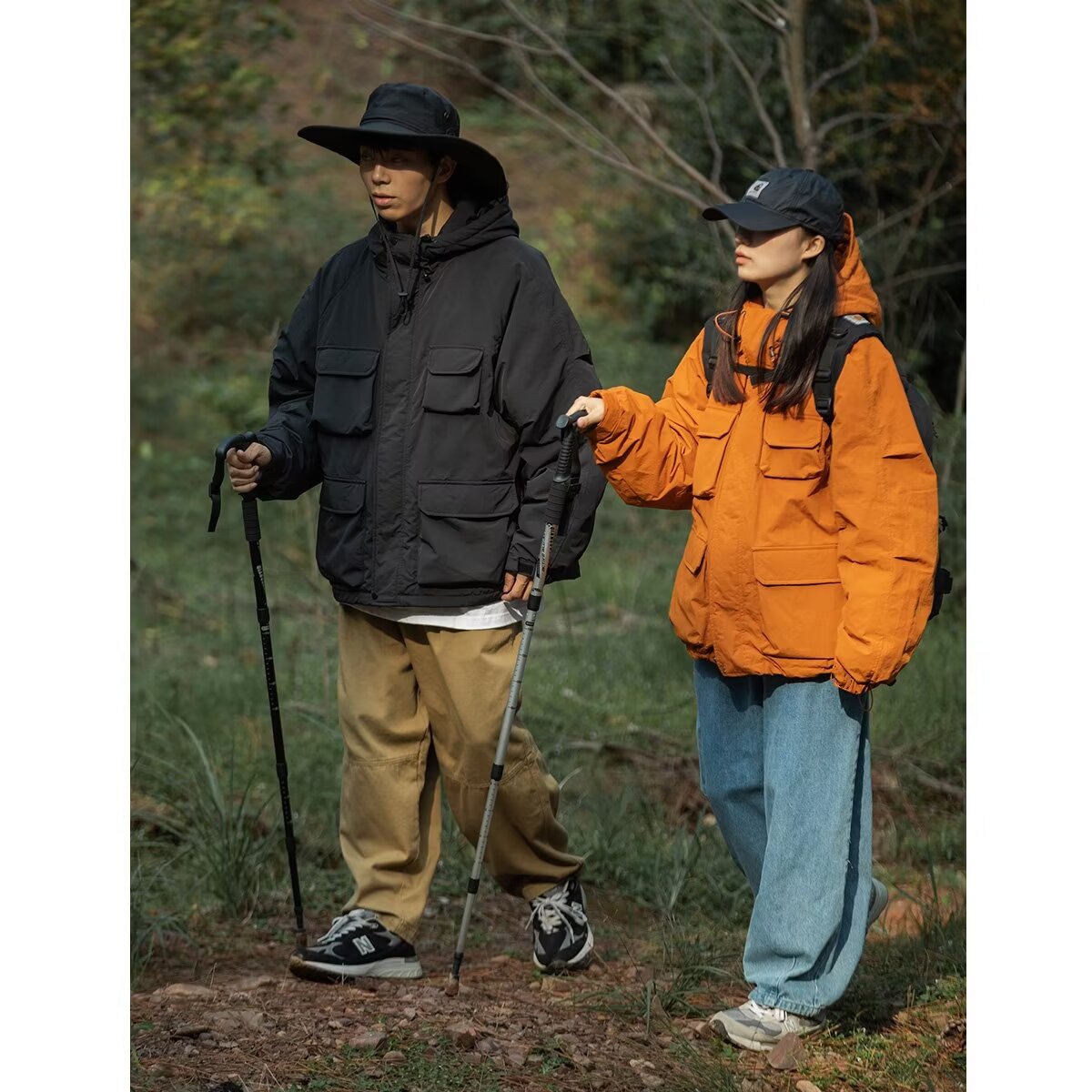 秋冬戶外工裝防風外套女衝鋒連帽情侶多口袋棉服寬鬆純色百搭棉衣