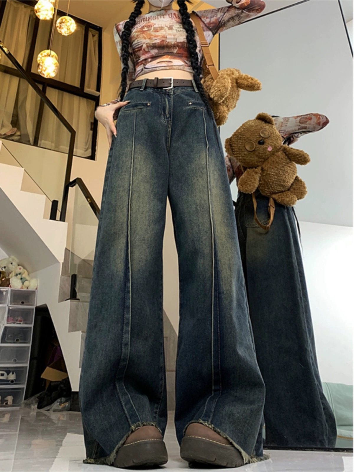 American retro jeans for women in autumn and winter 2023 new high-waisted slim raw edge design loose wide-leg floor-length pants