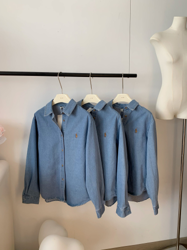 王少女的店蓝色水洗牛仔衬衫2023年新款港风复古宽松开衫翻领外套