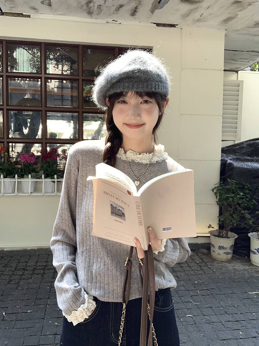 韓系百搭純色花邊針織加厚打底衫內搭上衣女秋冬2023新款