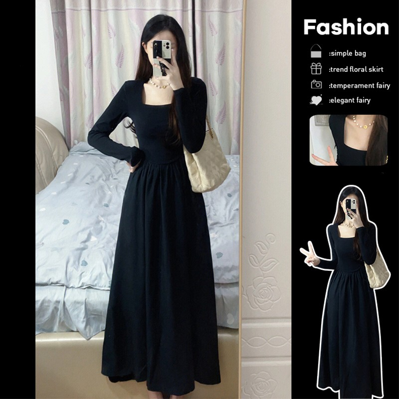 Black Square Neck Long Sleeve Dress Women's Autumn 2023 New French Hepburn Style Long Skirt High-end Early Autumn Wear