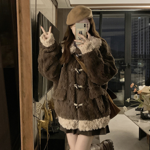 Horn button lamb wool coat for women  winter new young style loose thickened warm plush eco-friendly fur