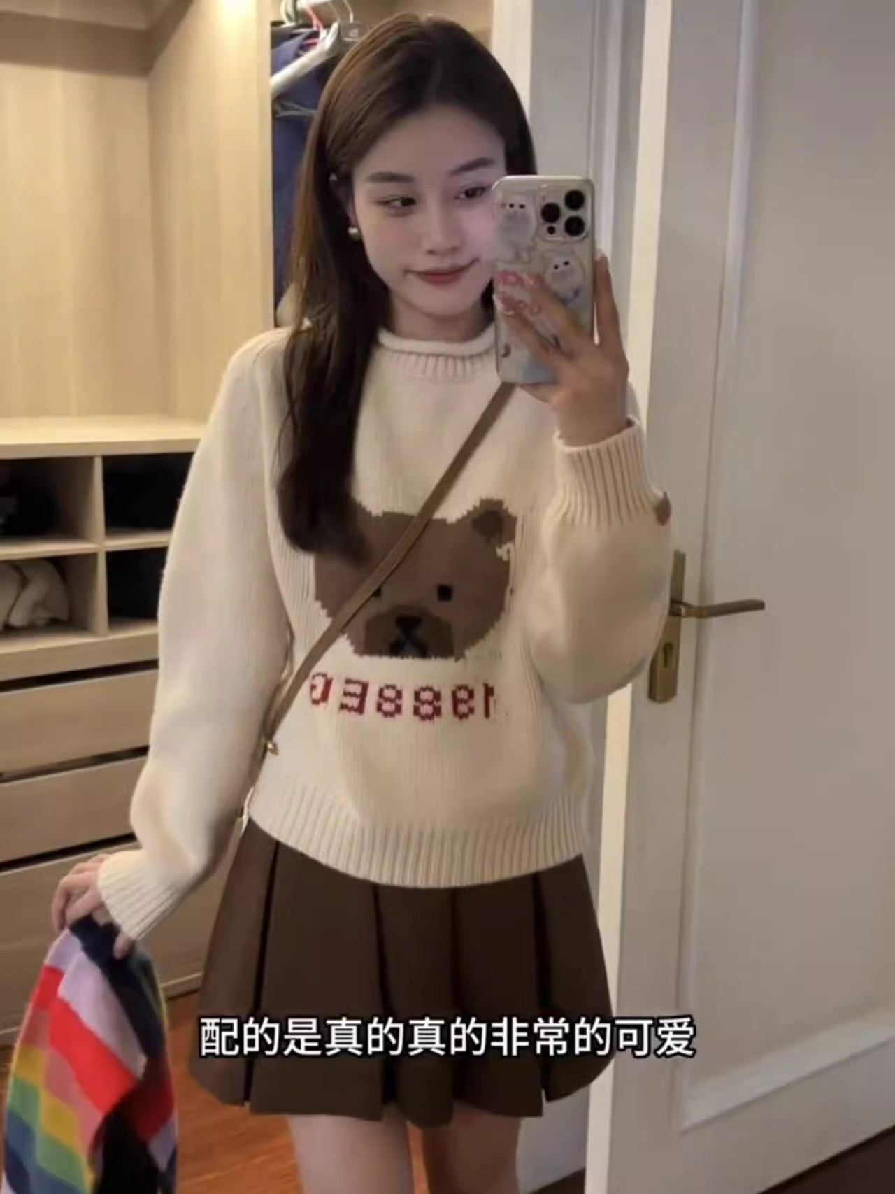 洋氣圓領卡通小熊針織毛衣女2023秋冬新款韓系溫柔慵懶風軟糯上衣