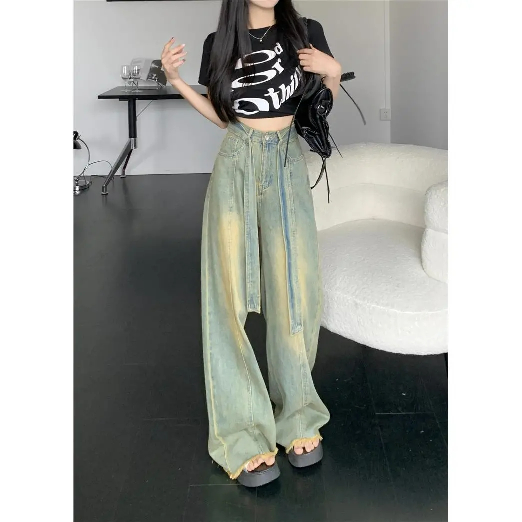 美式復古牛仔褲女秋季新款做舊綁帶設計感顯瘦闊腿長褲子女ins潮