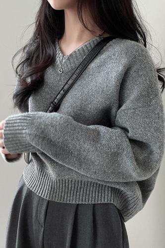 韩国9色基础款纯色V领套头毛衣长袖针织保暖上衣女