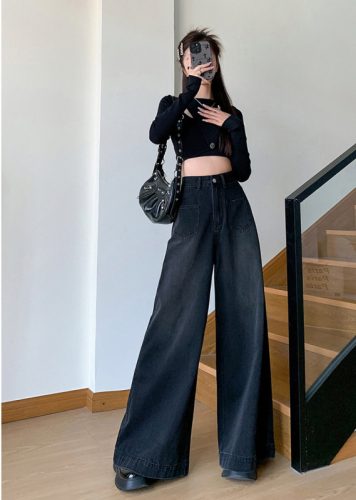 Washed black and gray wide-leg jeans for women in autumn, high-waisted loose swing pants, high street design floor-length pants