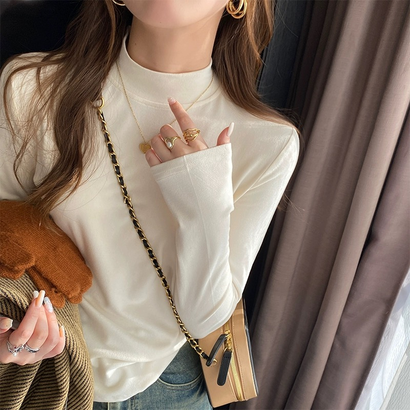 美雅碧打底衫女內搭秋冬高級感2023新款白色半高領長袖小立領上衣