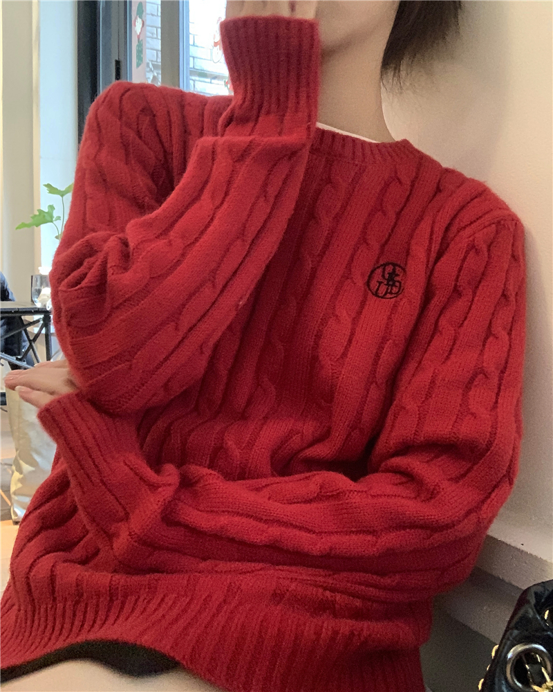 實拍 原創 韓系聖誕新年紅刺繡麻花針織保暖套頭長袖毛衣