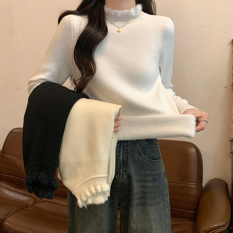 Actual shot of autumn and winter Korean style 12-needle one-piece velvet slim-fitting half turtleneck long-sleeved plus velvet warm knitted sweater for women