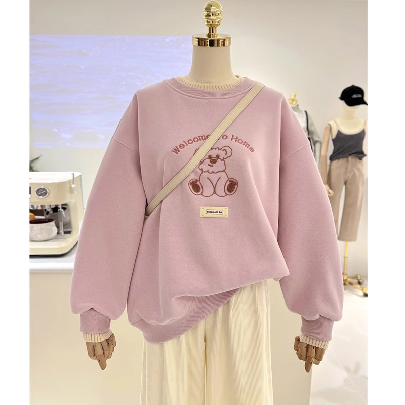 原版做工秋冬新款百搭簡約拼接假兩件卡通刺繡加絨圓領衛衣女潮