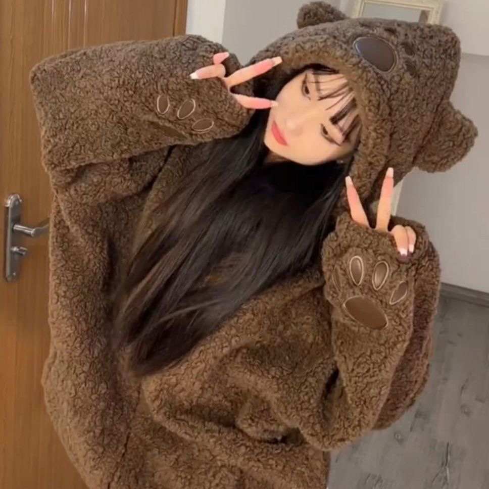 小熊耳朵保暖連帽軟妹毛絨絨學生甜美可愛棉服上衣 羊羔毛