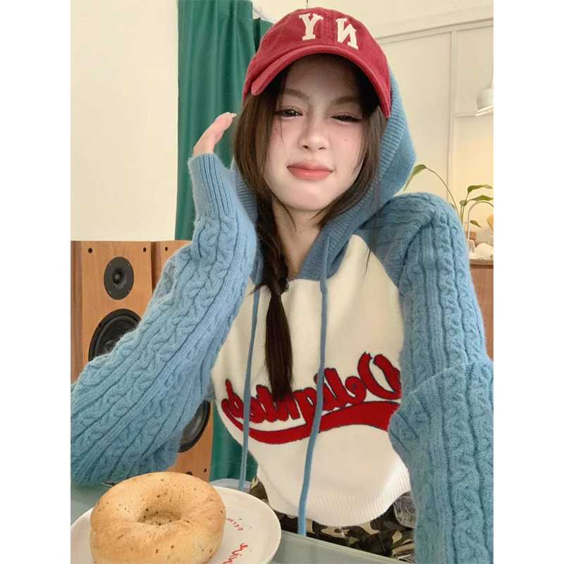 美式連帽長袖毛衣女秋季2023新款拼接撞色字母設計感短款辣妹上衣