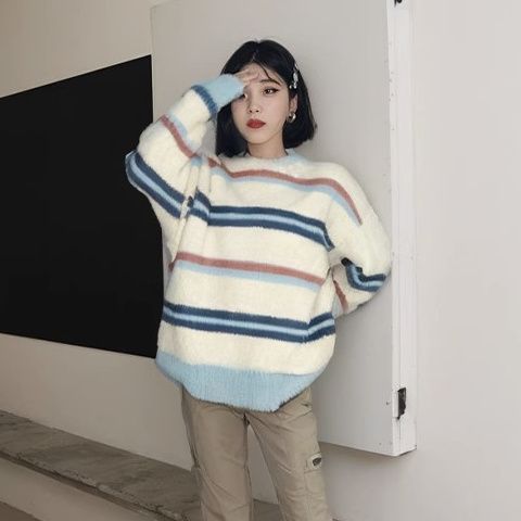 美式學院風撞色毛衣女慵懶風簡約通勤針織上衣