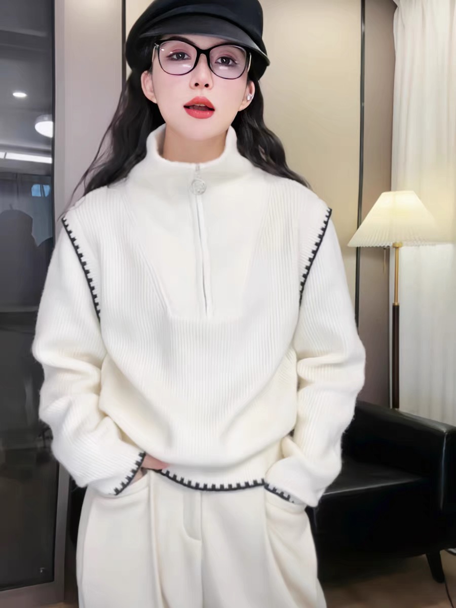 時尚簡約半拉鏈高領毛衣女冬季新款小眾百搭寬鬆加厚針織衫上衣