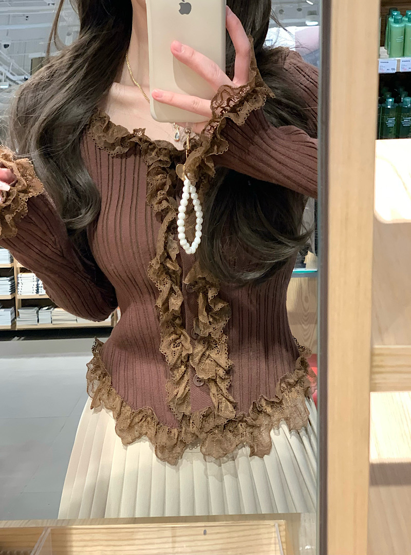 實拍 純欲美拉德蕾絲紐扣花邊上衣  木耳邊針織衫