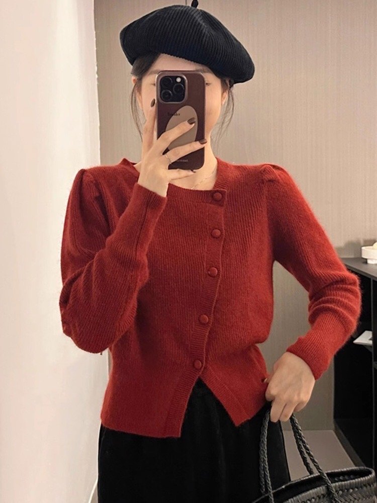 純色別致漂亮小眾設計感不規則顯瘦羊毛衫開衫短款針織衫上衣外套