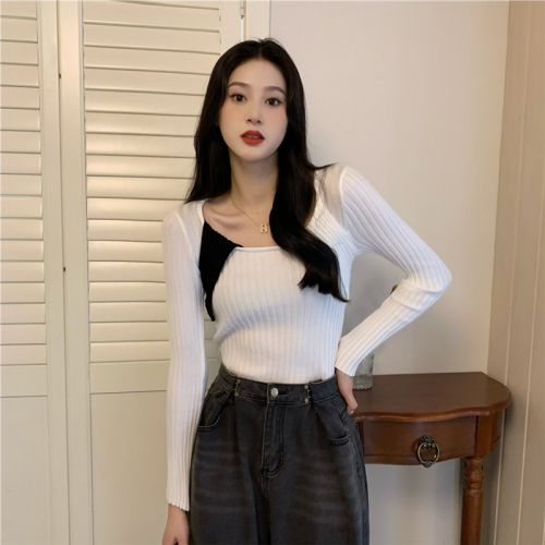 Actual shot of chic splicing pit strips slimming square neck long-sleeved knitted bottoming shirt with T-shirt top for women
