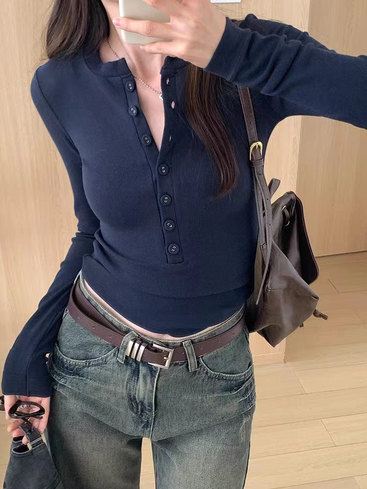 1比1 羅紋德絨 v領紐扣修身長袖t恤女