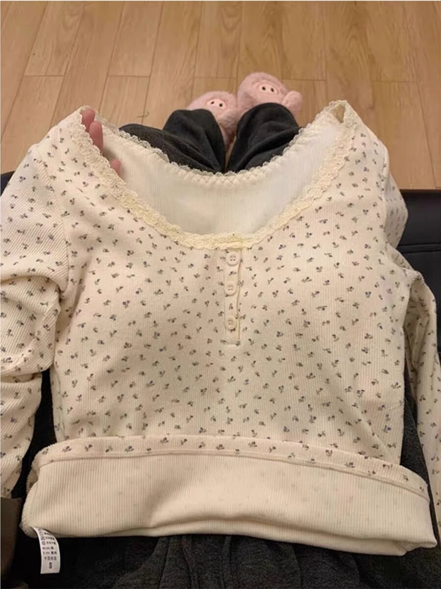 德絨 碎花蕾絲打底衫秋冬季帶胸墊修身長袖T恤上衣
