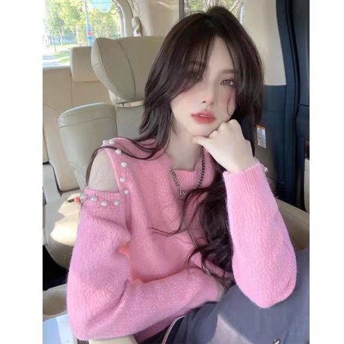 Off-shoulder knitted sweater for women, autumn and winter new style, loose design, long-sleeved pullover top, trendy for outer wear