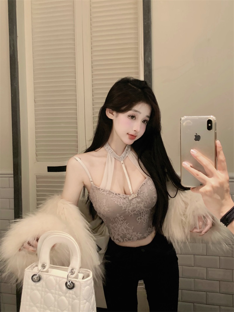 實拍蕾絲美學*性感女人小眾掛脖蕾絲上衣純欲風網紗內搭吊帶