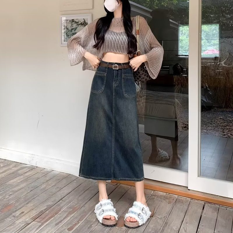 Denim skirt American high-street fashion brand washed distressed wide-leg pants casual loose straight leg