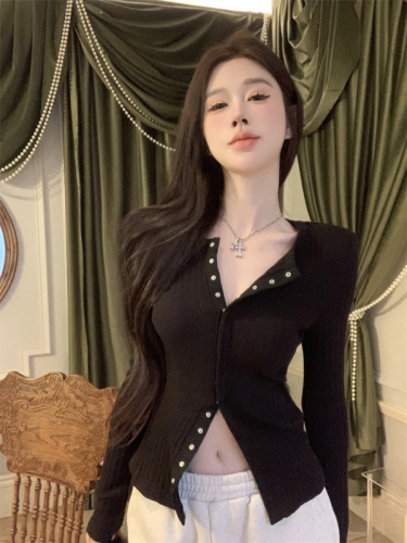 Autumn new fashion slim and versatile slimming hot girl style snap-button navel-baring cardigan top for women real shot