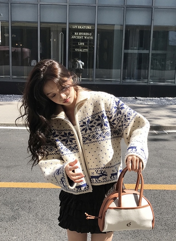 馨幫幫 日系古着感重工立領拉鏈針織開衫雪花刺繡毛衣外套女秋冬