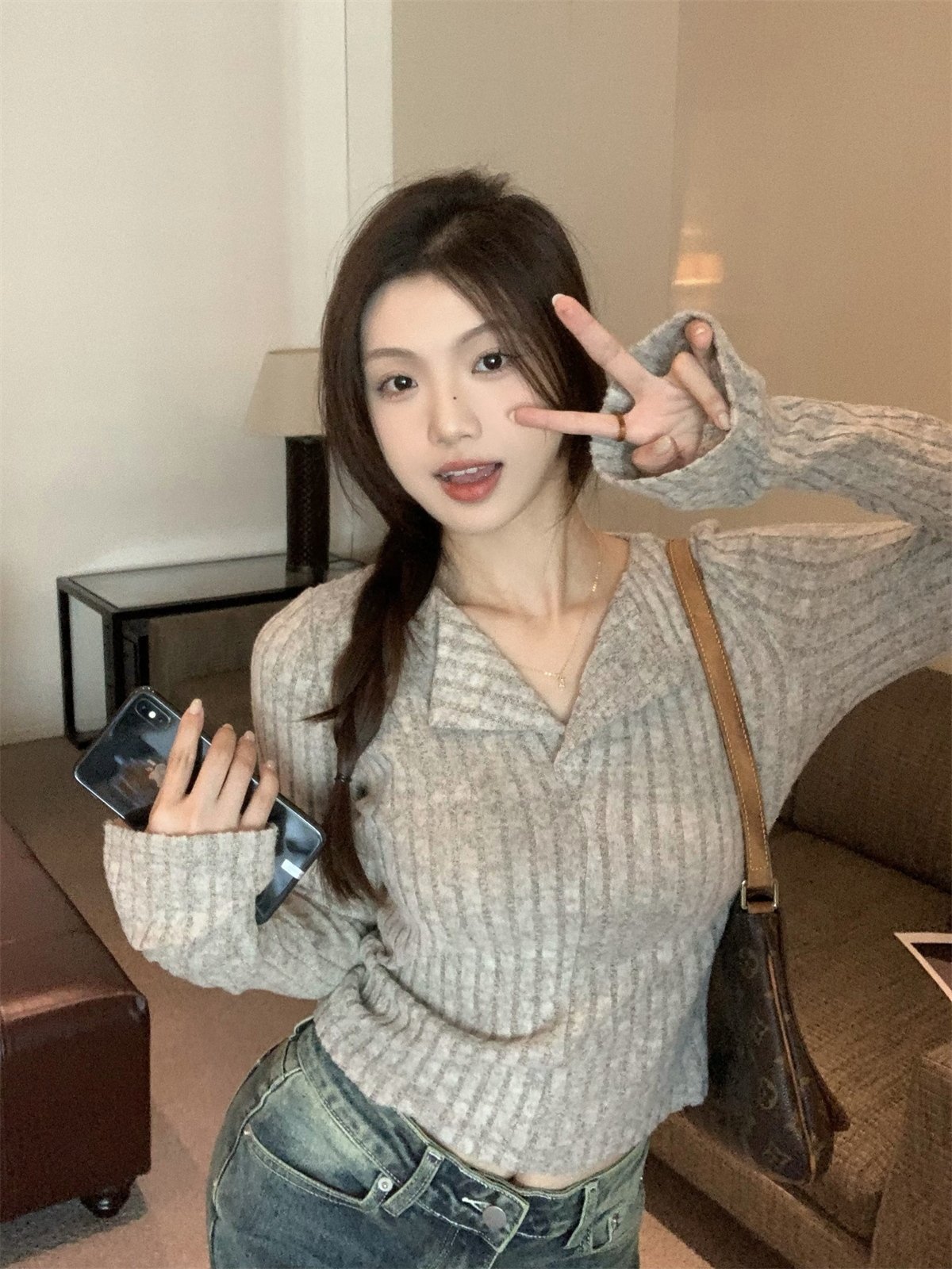 實拍 秋冬韓版修身半開領氣質坑條純欲內搭長袖打底衫T恤上衣