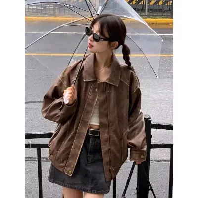 RAINY retro style old lapel leather jacket for women spring and autumn loose sweet cool motorcycle American jacket short coat