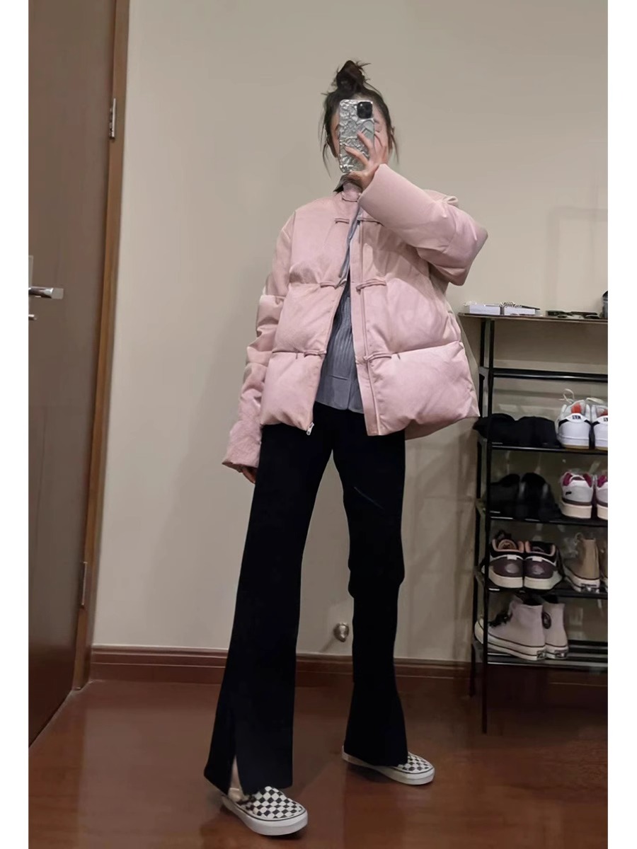 新中式女裝粉色棉服加厚外套女2023新款高級感超好看國風盤扣上衣