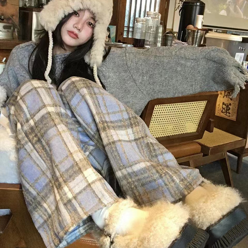 藍色加絨毛呢格子褲女秋冬季保暖棉褲高腰垂感休閒拖地直筒闊腿褲