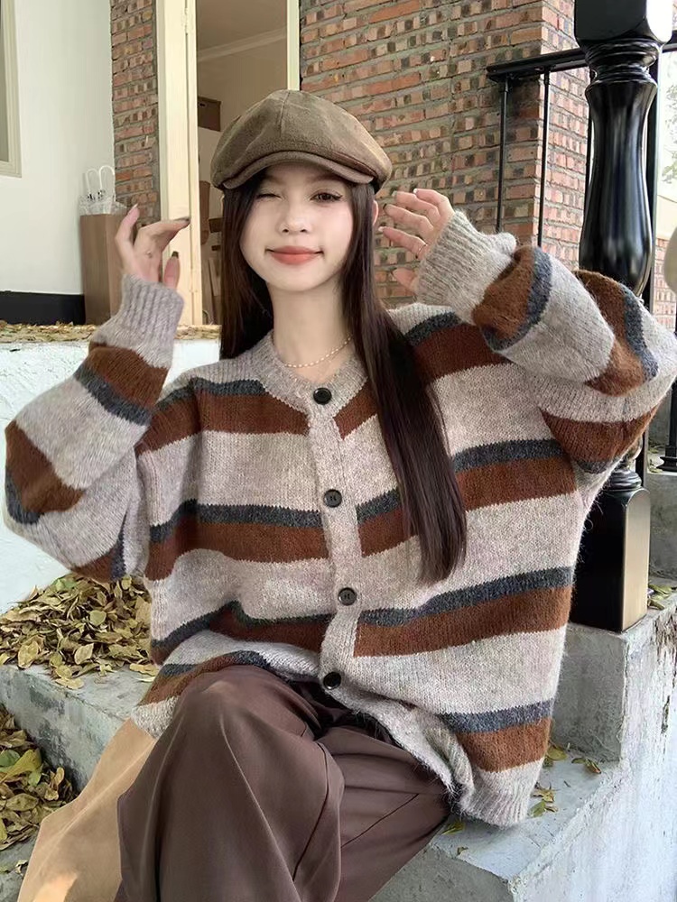 復古撞色條紋針織毛衣外套女秋冬季寬鬆慵懶風外穿小個子開衫上衣