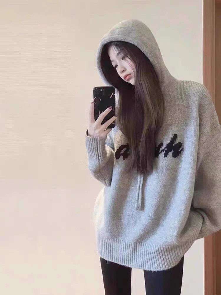 美式復古慵懶風字母連帽毛衣女秋冬季穿搭上衣2023新款寬鬆針織衫