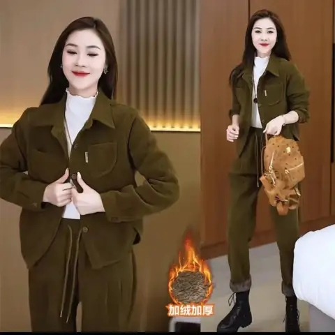 套裝女美拉德時尚加絨2023秋冬洋氣復古長袖燈芯絨休閒外套兩件套