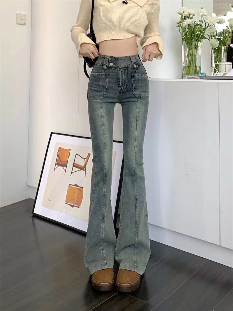 150小矮個子美式復古微喇牛仔褲女高腰修身彈力xs顯瘦九分喇叭褲