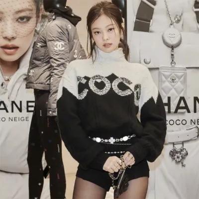 金智妮jennie同款黑白字母撞色套頭高領短款毛衣女氣質修身針織衫