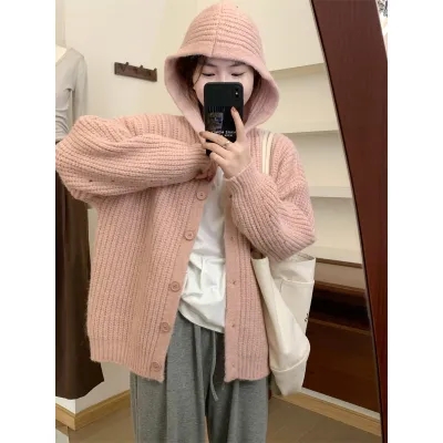 韓版連帽加厚慵懶風毛衣外套開衫女秋冬新款寬鬆外穿大帽子針織衫